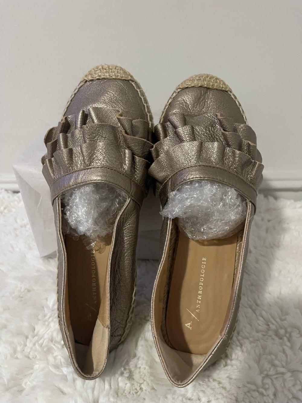 Anthropologie Metallic Taupe Ruffle Espadrille Loafers